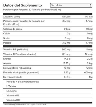 Componentes y tabla nutricional de Cetonas Pruvit sin cafeína